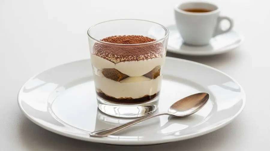 "Porção individual elegante de tiramisu em pequeno copo de vidro transparente estilo verrine mostrando camadas distintas claramente através do vidro savoiardi embebidos em espresso escuro ao fundo creme espesso de mascarpone e pálido e cacau sem açúcar peneirado por cima xícara de espresso pequena e colher de prata vintage completando a cena com luz suave e direcional lateral" 