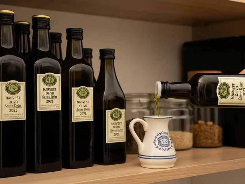  "Prateleira de despensa bem organizada com garrafas de azeite de oliva extra virgem em vidro escuro longe da luz com datas de colheita visíveis e recipiente de cerâmica sendo preenchido" 