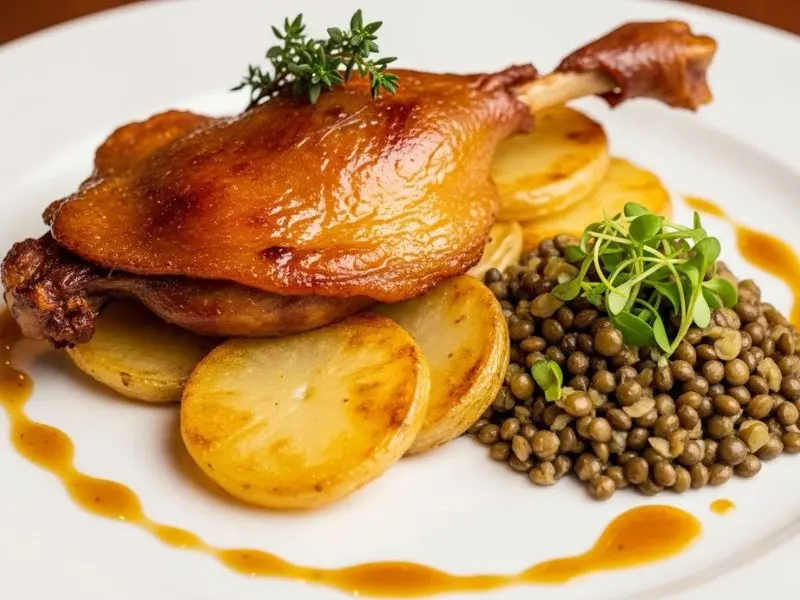 "Prato completo de confit de canard com coxa dourada crocante pommes sarladaises douradas brilhantes lentilhas verdes du Puy e jus reduzido em estilo bistrô francês clássico"