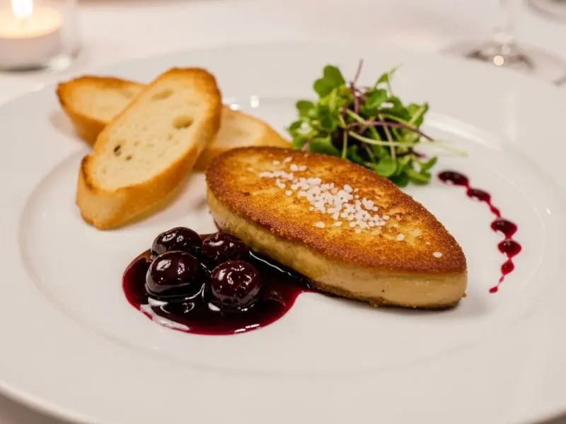 "Prato completo de foie gras poêlé com crosta dourada redução de vinho do Porto e cereja brioche tostado flor de sal e micro ervas em apresentação de alta gastronomia"