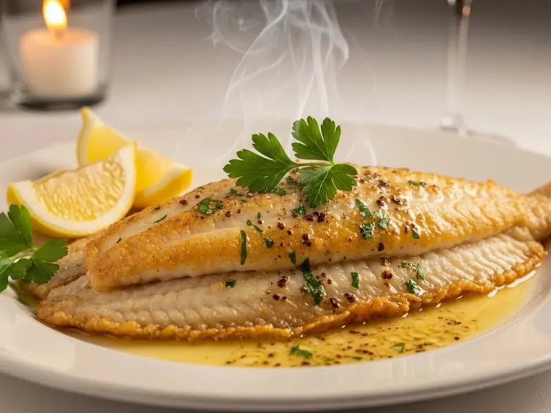 "Prato finalizado de sole meunière receita com linguado dourado crocante beurre noisette com pontos marrons ao redor salsinha verde vibrante e limão ao lado com vapor ainda subindo"
