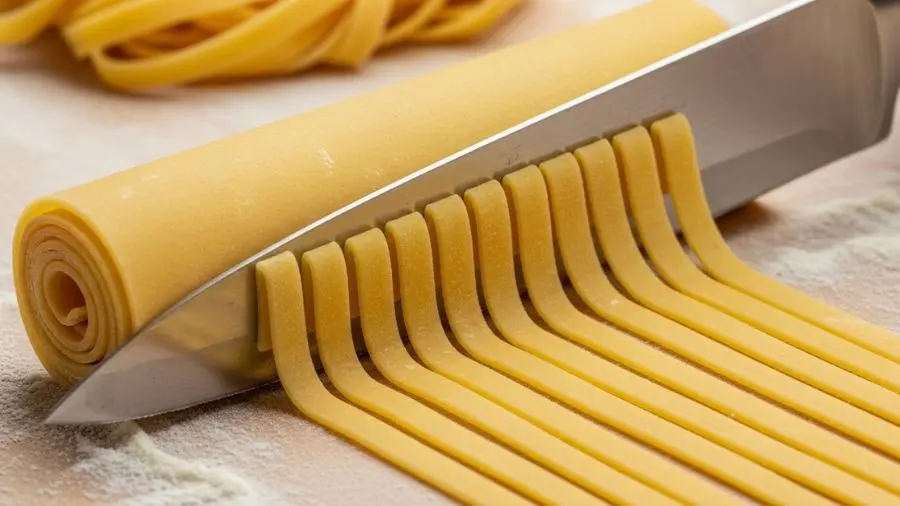 "Processo de corte do tagliatelle fresco com folha de massa dourada enrolada frouxamente em cilindro e faca de chef cortando em fatias uniformes de 6 a 8mm criando fitas que se desenrolam levemente com tábua de corte com semolina e luz natural lateral"