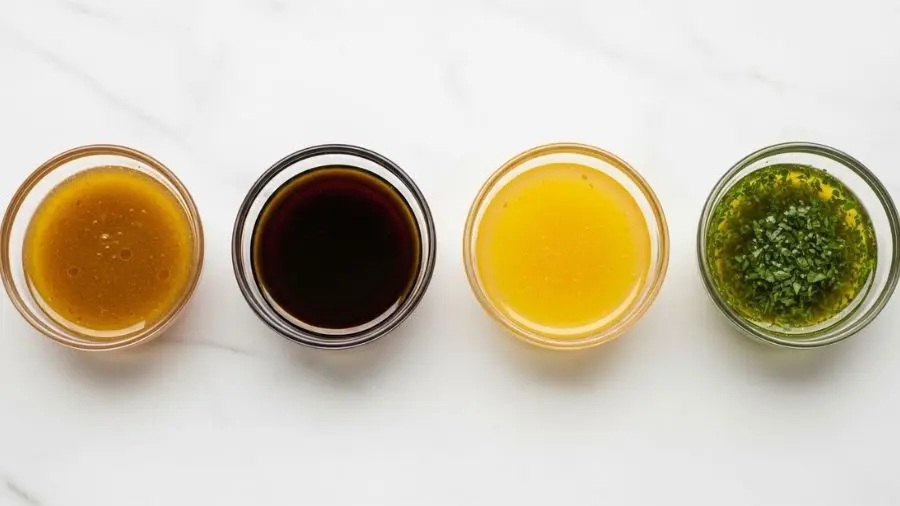 "Quatro variações de vinagrete perfeito em tigelas de vidro lado a lado clássica francesa balsâmica cítrica e de ervas com cores e texturas diferentes"