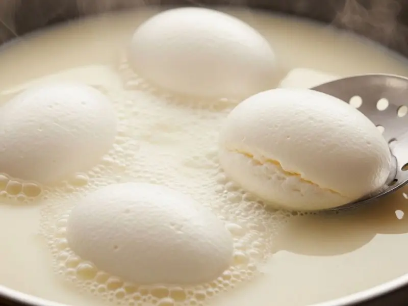 "Quenelles de merengue brancas e aeradas sendo cozidas em pochê em leite quente em panela larga com escumadeira ao lado e vapor visível no preparo da île flottante receita"