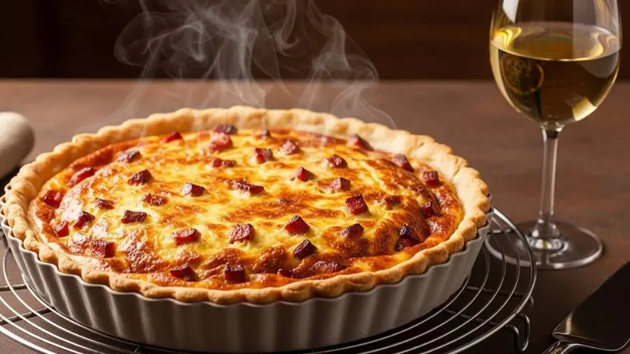 "Dourado, levemente inflado, sem queijo, sem ervas. Esse é o quiche lorraine original — e é melhor exatamente assim." -->