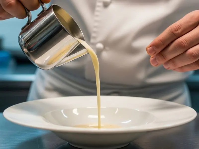 Receita de vichyssoise sendo servida em tigela pré-resfriada com textura sedosa e lisa.