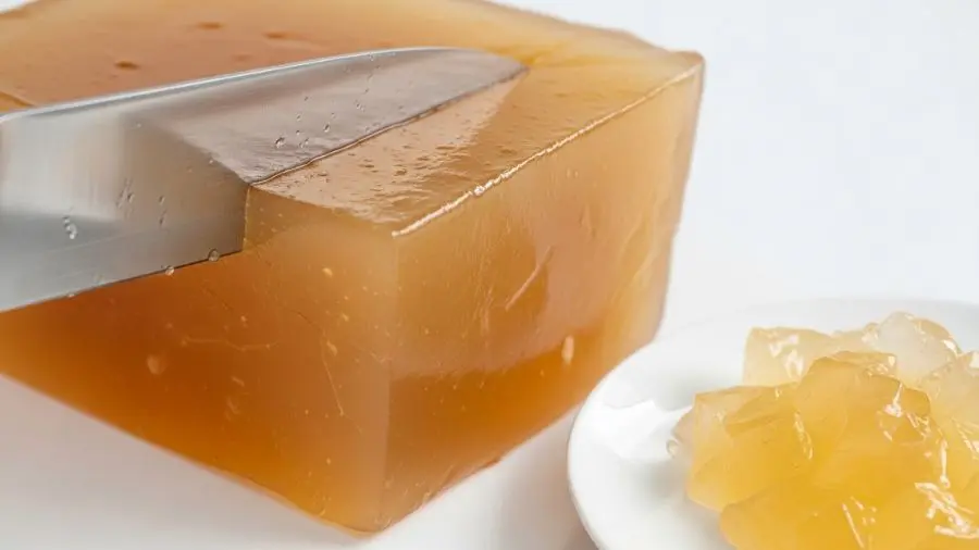 "Recipiente refrigerado de fundo de vitela perfeitamente feito que gelificou completamente em gel firme e translúcido após o resfriamento gel tem cor âmbar pálida bonita completamente claro e semelhante a vidro você pode ver através dele faca de chef usada para cortar o gel mostrando sua textura firme mantém borda de corte limpa superfície lisa e levemente brilhante claramente um caldo com alto teor de gelatina não apenas um líquido camada de gordura sólida removida pequena porção em prato branco mostrando cor e clareza do gel"