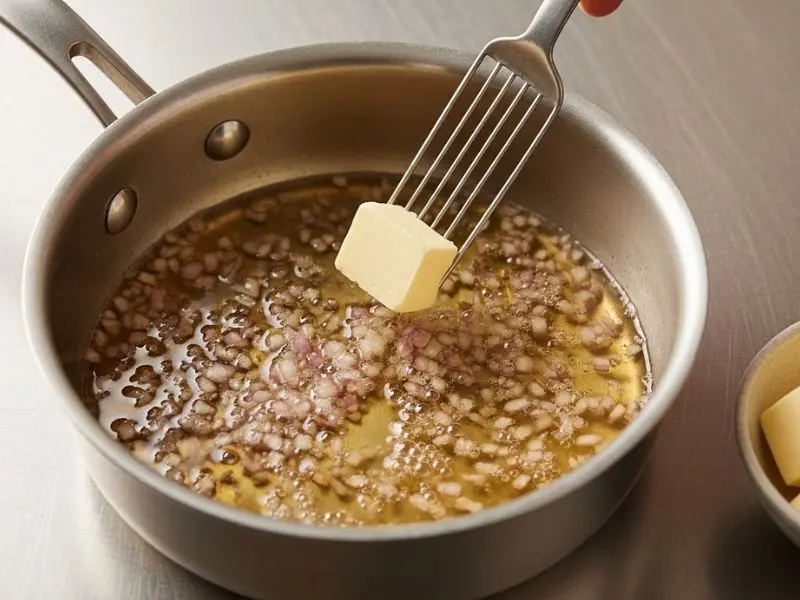 "Redução de vinho branco vinagre e échalote em panelinha chegando ao ponto final com apenas 2 colheres de líquido concentrado e brilhante com cubos de manteiga gelada ao lado para beurre blanc"