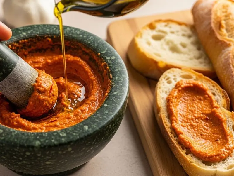 "Rouille sendo preparada em pilão com pasta vermelha intensa de alho açafrão e pimenta vermelha com azeite sendo incorporado e torradas de baguete ao lado para bouillabaisse receita"