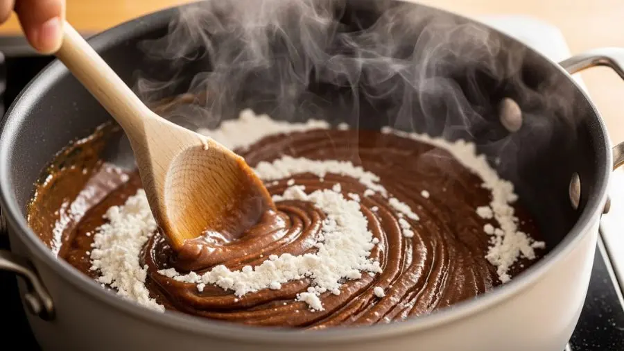 "Roux brun no ponto perfeito em panela de fundo grosso com coloração de chocolate ao leite e vapor levemente visível sendo mexido com colher de madeira em cozinha profissional com iluminação quente"