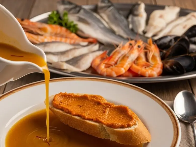 "Serviço tradicional de bouillabaisse receita em duas etapas com caldo açafrão dourado sendo servido sobre torrada com rouille em primeiro plano e travessa com peixes organizados por espécie ao fundo"