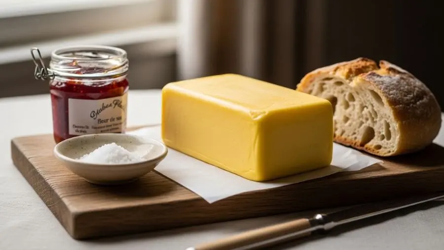 "Shot de food styling elegante de manteiga europeia cultivada como ingrediente premium bloco retangular de manteiga francesa dourado-amarela em pequena tábua de madeira rústica acompanhado por pequena tigela de cerâmica de flor de sal pedaço de pão artesanal mostrando estrutura do miolo e pequeno pote de geleia caseira luz natural suave de janela cena íntima e refinada tons quentes profundidade de campo rasa" 