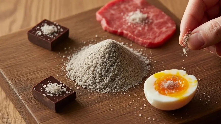 "Shot de food styling elegante mostrando versatilidade do sal defumado pequena tábua de madeira rústica com monte de flocos de sal defumado cor cinza-acinzentada no centro em volta pequenas quantidades de sal defumado sendo aplicadas em diferentes alimentos pequeno pedaço de chocolate amargo com sal defumado em cima fatia crua de wagyu com pitada de sal defumado e ovo cozido mole com sal defumado o sal defumado tem cor sutil cinza-bege da fumaça claramente diferente do sal marinho branco iluminação quente e natural"