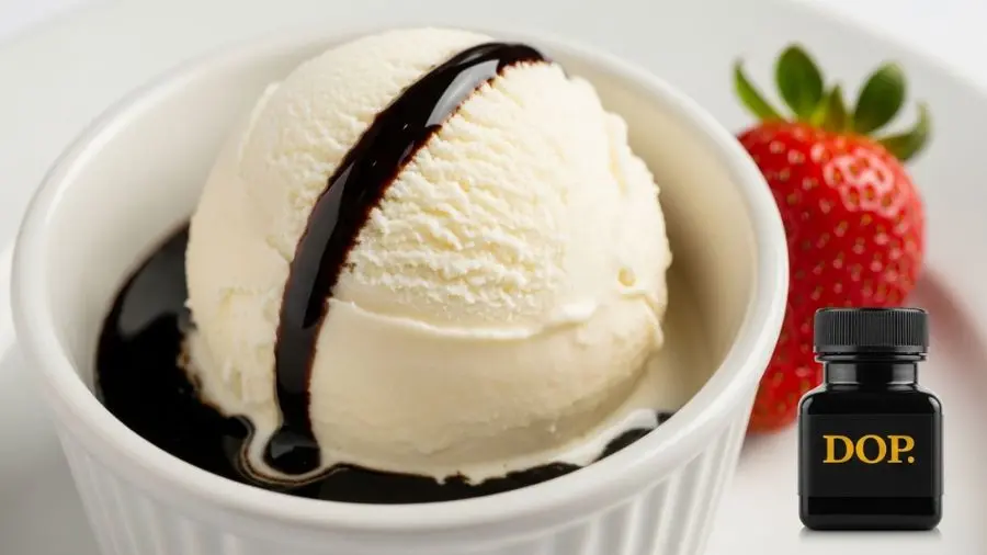 "Sobremesa elegante uma bola de sorvete de baunilha premium em copo de cerâmica branca com fio fino e preciso de Aceto Balsamico Tradizionale DOP criando fita escura e brilhante sobre a superfície pálida do sorvete contraste entre o sorvete branco cremoso e o balsâmico preto brilhante visualmente marcante balsâmico levemente acumulado na base da bola criando pequeno fosso escuro garrafa DOP pequena e morango fresco completando a cena iluminação suave e direcional de restaurante"