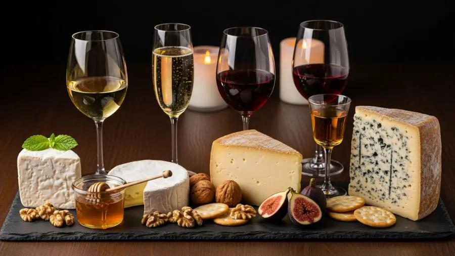 "Tábua de harmonização queijo vinho com quatro queijos em progressão chèvre fresco brie comté curado e queijo azul com quatro taças diferentes vinho branco espumante tinto leve e vinho doce"