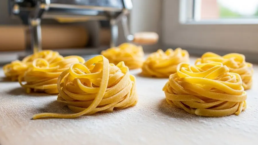 "Tagliatelle fresco no ponto — amarelo dourado das gemas, espessura de 2mm, textura levemente irregular que nenhuma massa seca consegue reproduzir. Isso começa na proporção." -->