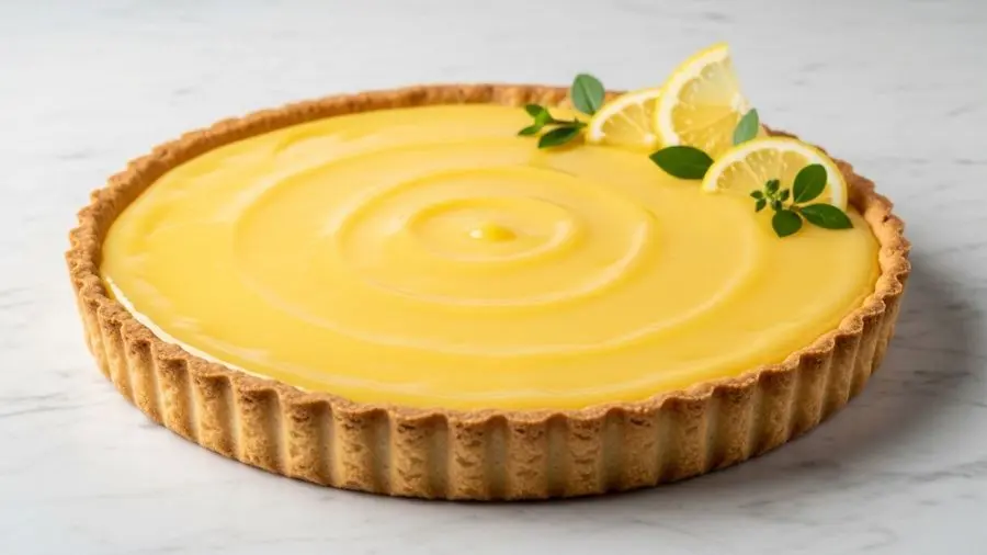 "Tarte au citron no ponto: crosta assada até o dourado uniforme, curd amarelo intenso e brilhante sem nenhuma bolha, superfície levemente abaulada. A simplicidade visual esconde a precisão técnica." -->