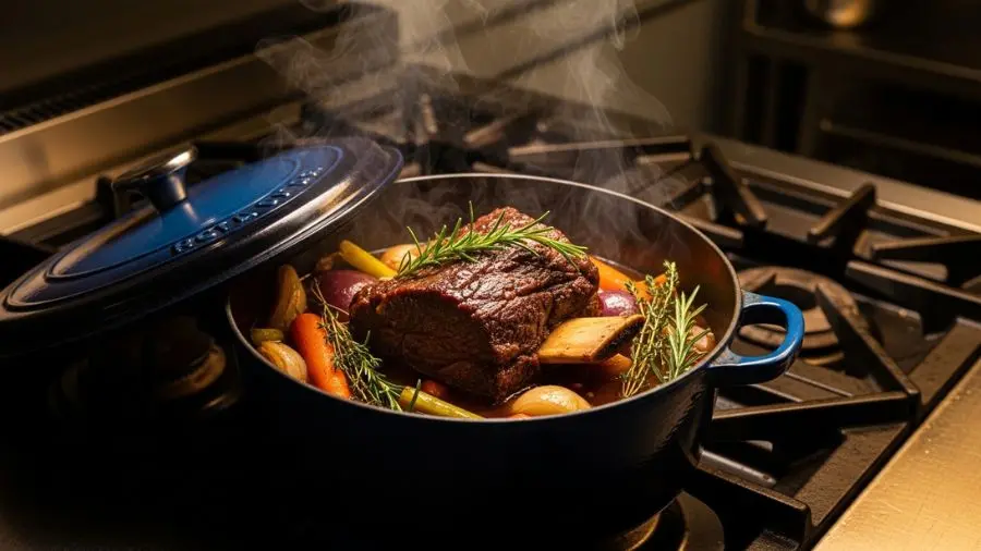 "Quatro horas de forno, temperatura baixa, tampa fechada. A carne que ninguém queria virou o prato mais pedido. Isso é o que a técnica de brasear faz." -->