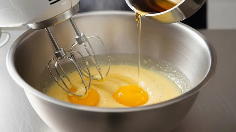 "Tigela de inox com gemas sendo batidas com batedeira elétrica enquanto fio fino de calda de açúcar quente é cuidadosamente despejado de panelinha técnica clássica de pâte à bombe gemas amarelo pálido aumentando de volume com vapor leve subindo da calda e mistura visivelmente engrossando e clareando em contexto de cozinha profissional" 