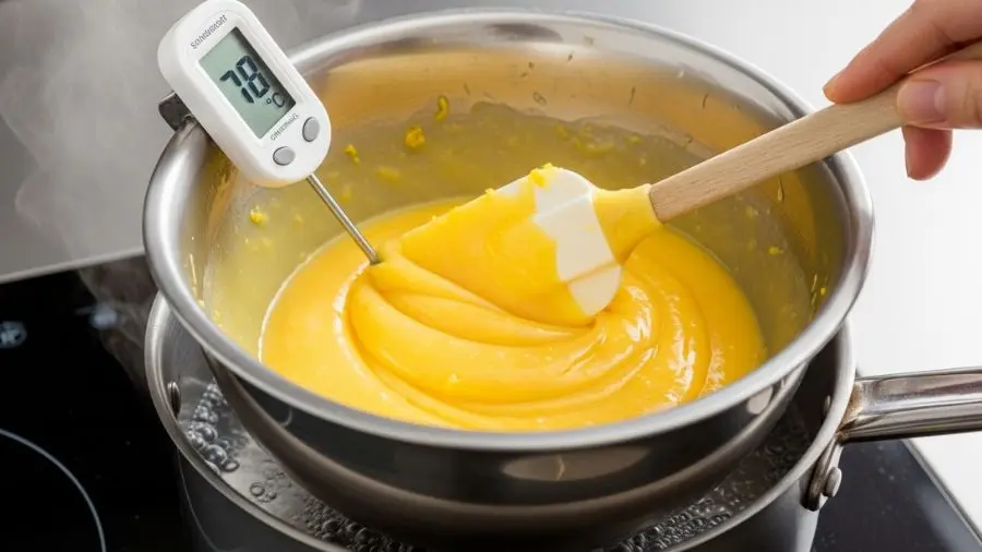 "Tigela de inox em banho-maria sobre panela com água quase fervendo contendo lemon curd amarelo vibrante sendo mexido com espátula de silicone curd visivelmente engrossando cobrindo a espátula termômetro digital preso na lateral marcando 78 graus celsius raspas de limão visíveis na mistura cor amarela intensa e brilhante com vapor subindo suavemente em cozinha profissional"
