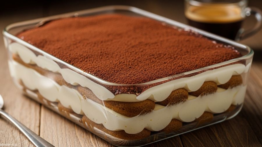 "Tiramisu clássico: três camadas que precisam ser distintas quando cortadas. Savoiardi úmidos mas não encharcados, creme firme o suficiente para manter a forma e cacau sem açúcar aplicado generosamente no final." -->