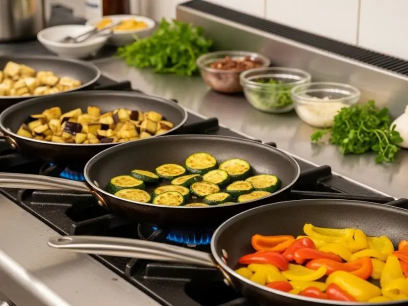 "Três frigideiras no fogão profissional cada uma com legume diferente sendo refogado separadamente beringela dourada abobrinha caramelizando pimentão amolecendo na ratatouille receita"
