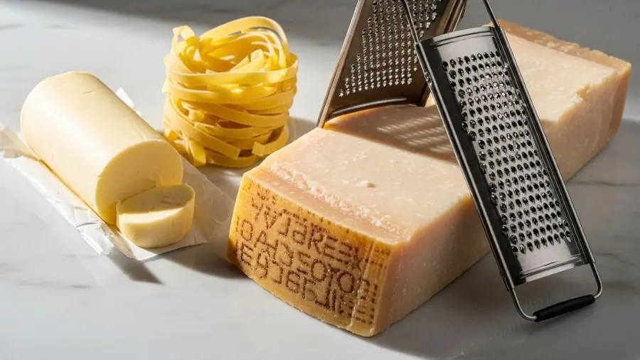 "parmigiano reggiano manteiga europeia e fettuccine fresco sobre marmore branco ingredientes do alfredo original"