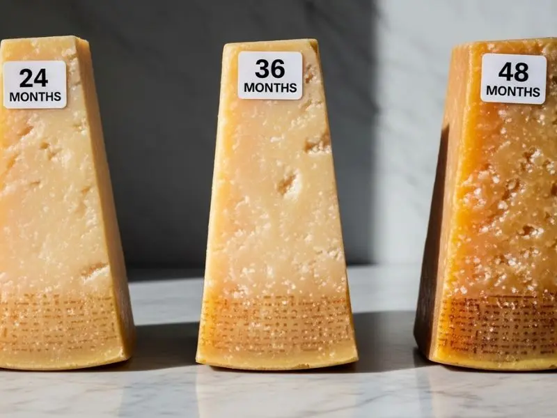 "Três pedaços de parmigiano reggiano lado a lado mostrando progressão de maturação 24 meses amarelo pálido 36 meses dourado com cristais e 48 meses âmbar intenso com cristais de tirosina abundantes"