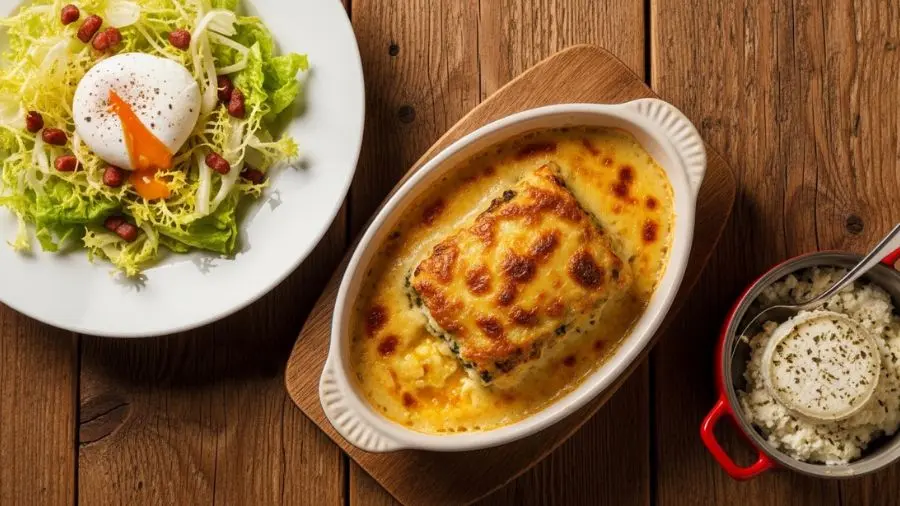 "Três pratos clássicos da lyon gastronomia em mesa de madeira rústica quenelle de brochet au gratin ao centro salade lyonnaise com ovo pochê à esquerda e cervelle de canut à direita" 