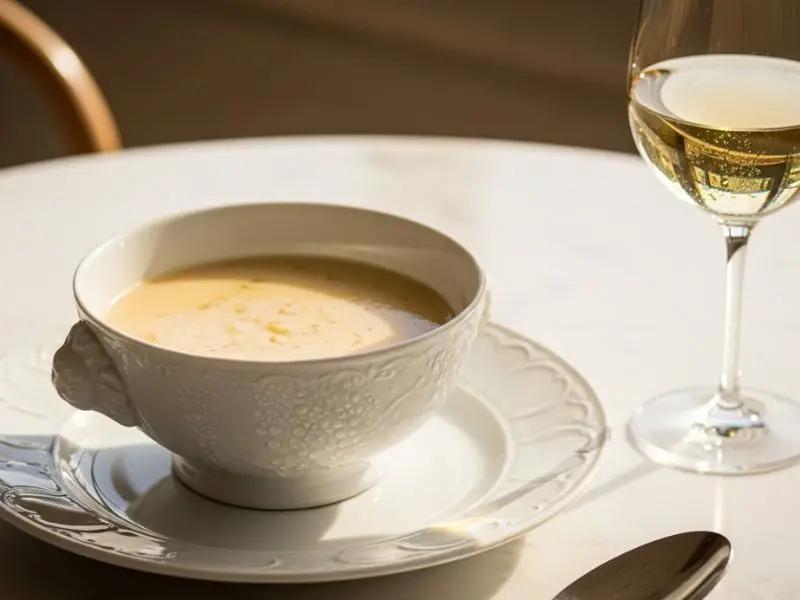 Vichyssoise, receita gelada harmonizada com Sancerre Blanc em apresentação fine dining.