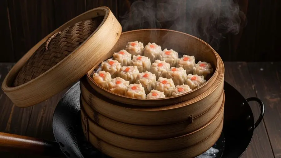 "Cestilha de bambu em wok: o vapor sobe concentrado, o bambu absorve o excesso de condensação, os dumplings cozinham por convecção úmida sem contato com a água. O bambu não é decoração — tem função técnica que o inox não replica." -->