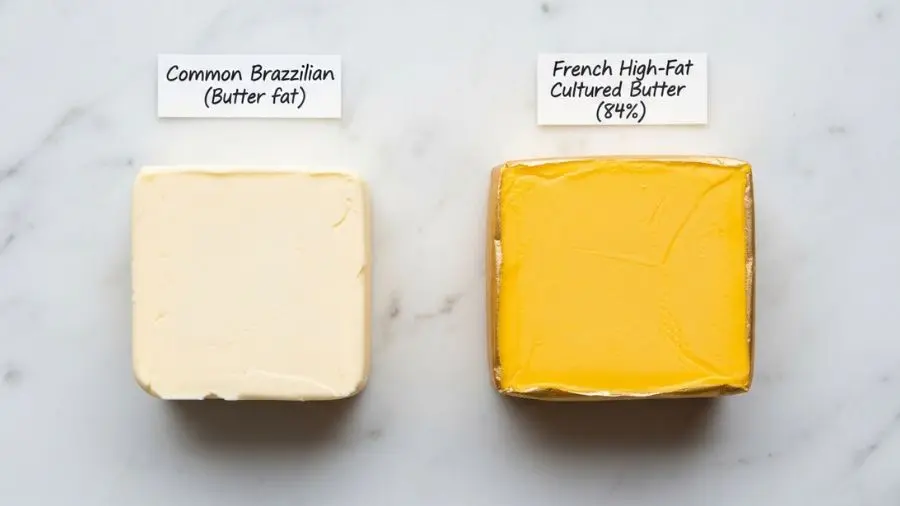 "Vista de cima científica em mármore branco mostrando dois pedaços de manteiga lado a lado à esquerda manteiga brasileira comum pálida branco-amarelada 80 por cento de gordura à direita manteiga francesa cultivada dourado-amarelada mais intensa 84 por cento de gordura diferença de cor claramente visível ambas em temperatura ambiente levemente amolecidas com etiquetas manuscritas pequenas em iluminação natural que enfatiza o contraste de cor"