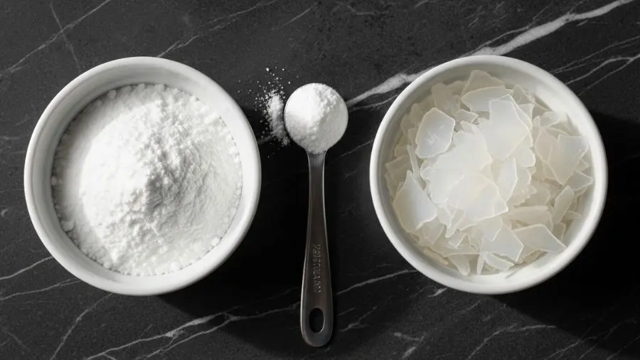 "Vista de cima científica em superfície de mármore escuro mostrando duas tigelas brancas de cerâmica à esquerda ágar-ágar em pó ultrafino e branco brilhante semelhante a sal fino à direita ágar-ágar em flocos maiores e translúcidos irregulares com colher dosadora de pó entre elas mostrando precisão necessária em luz natural suave e direcional lateral" 