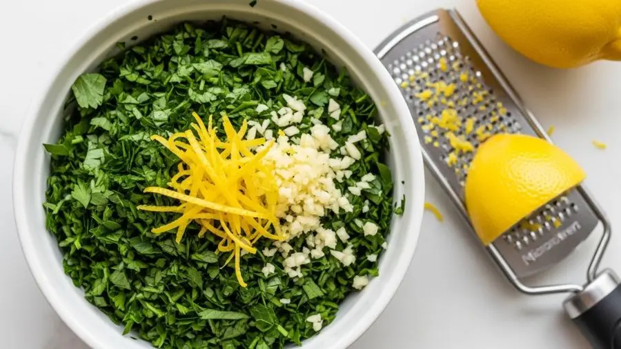 "Vista de cima close-up de gremolata recém-feita em pequena tigela de cerâmica branca mistura mostrando três elementos distintos claramente visíveis salsinha lisa picada finamente verde brilhante tiras finas de raspas de limão amarelo vívido e pequenos pedaços de alho cru ralado finamente cores vívidas verde da salsinha contra o branco marcante ralador Microplane com resíduos de raspas de limão ao lado inteiro e limão ao fundo luz natural de cozinha" 