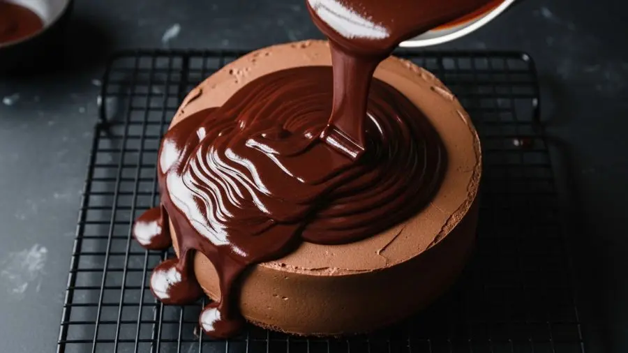 "Vista de cima de ganache de glacê espelhada de chocolate amargo sendo despejada sobre bolo de chocolate redondo e perfeitamente liso em grade ganache fluindo lindamente em fitas lentas e brilhantes pelos lados do bolo se acumulando levemente na base brilho espelhado refletindo a luz dramaticamente cena capturando o momento exato do despejamento mostrando consistência fluida e controlada de ganache 1 para 2 na temperatura perfeita fundo escuro e iluminação dramática" 