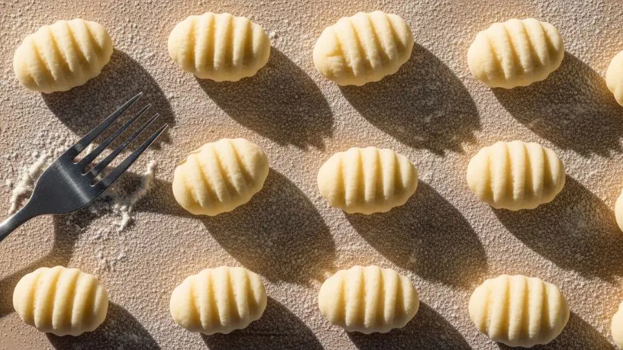 "Gnocchi no ponto antes do cozimento: leve, oval, com estria que vai segurar o molho. A leveza visual já indica que a batata estava seca o suficiente e a farinha foi usada com contenção." -->
