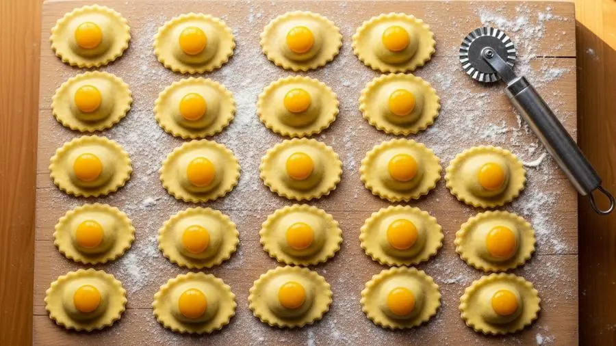 "Ravioli no ponto antes do cozimento: massa fina o suficiente para mostrar o recheio, bordas fechadas sem bolsas de ar, tamanho uniforme. Cada detalhe aqui afeta o resultado na panela." -->