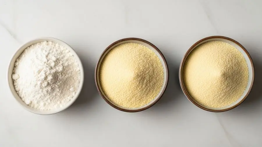 "Vista de cima de três tigelas com farinhas diferentes lado a lado em superfície de mármore da esquerda para direita farinha 00 italiana muito branca e fina mistura de 00 e semolina levemente amarela e textura intermediária e semolina pura amarela e granulada em iluminação natural"