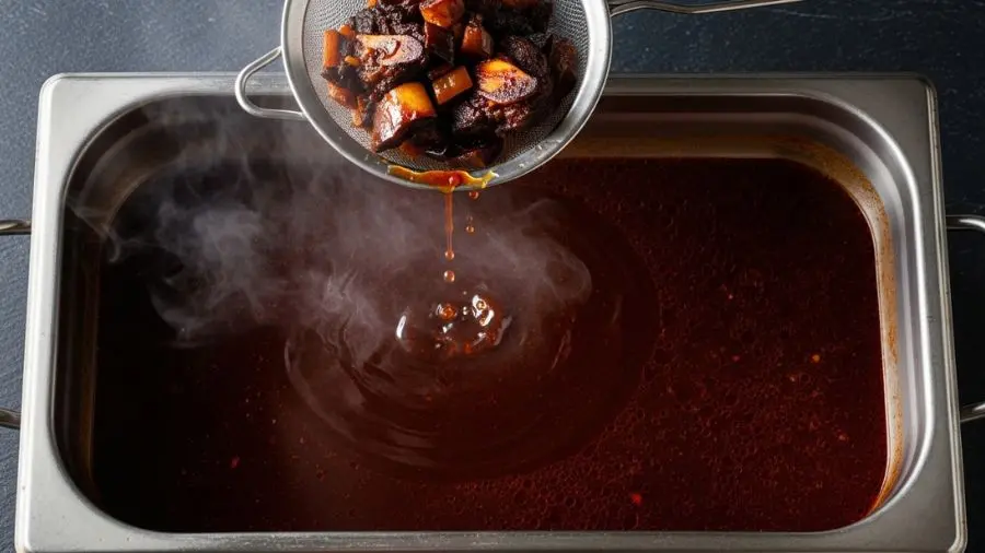 "Fundo escuro recém coado: a cor de mogno profundo, o brilho que indica gelatina em suspensão, o vapor que ainda carrega os compostos aromáticos da tostagem. Este é o ponto de partida do espagnole, do demi-glace e de qualquer molho de carne que justifique o nome." -->