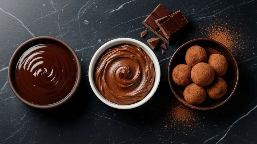 "Três proporções, três consistências, três usos completamente diferentes — com exatamente os mesmos dois ingredientes base: chocolate e creme de leite. A proporção é tudo." -->