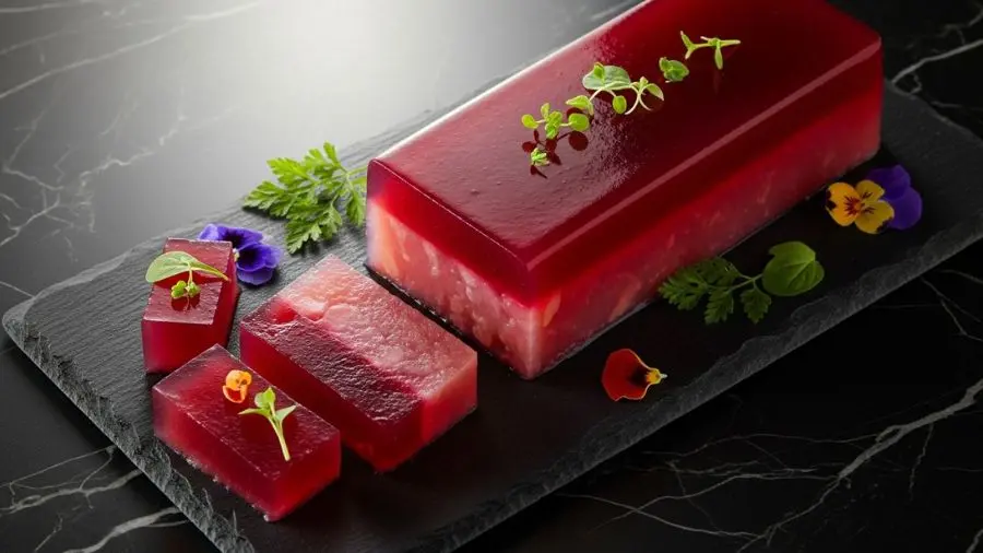 "Gel de agar-agar com suco de framboesa: bordas cortadas com faca, superfície que reflete como vidro, estrutura firme a 35°C. A gelatina comum derreteria nessa temperatura — o agar não. Essa propriedade abre um conjunto inteiro de aplicações que a gelatina simplesmente não tem." -->