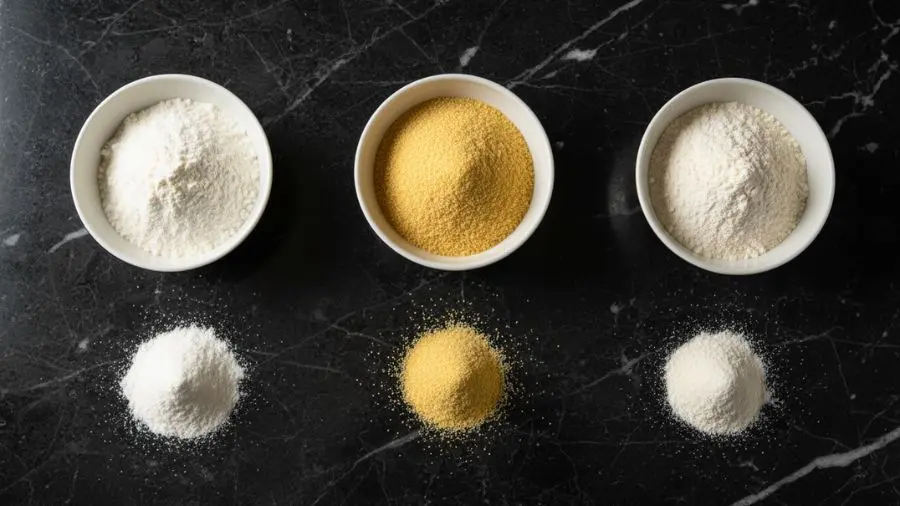 "Da esquerda para a direita: farinha 00, semolina fina e farinha comum. Três perfis completamente diferentes de proteína, granulometria e comportamento na massa — e um uso certo para cada uma." -->