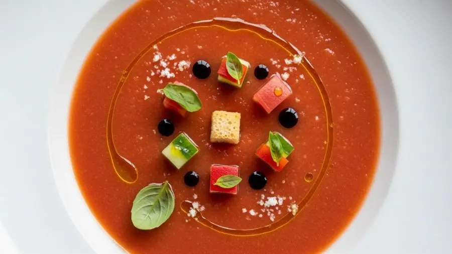 "Gazpacho andaluz no ponto: cor vermelho-laranja profunda e vibrante, textura sedosa sem fios, azeite em fio fino no momento do serviço. Essa cor intensa só vem de tomate verdadeiramente maduro — não há correção possível com tomate verde." -->