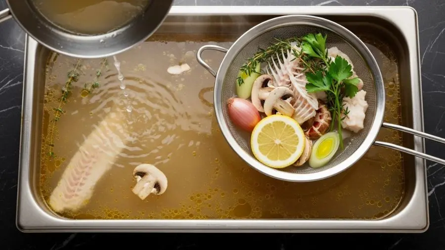 "Fumet de poisson recém coado: cristalino como água levemente tingida de ouro, vapor delicado, clareza que nenhuma extração longa conseguiria — só 20 minutos de frémissement muito suave. É o fundo mais rápido da saucerie clássica — e o que menos perdoa erro de tempo." -->