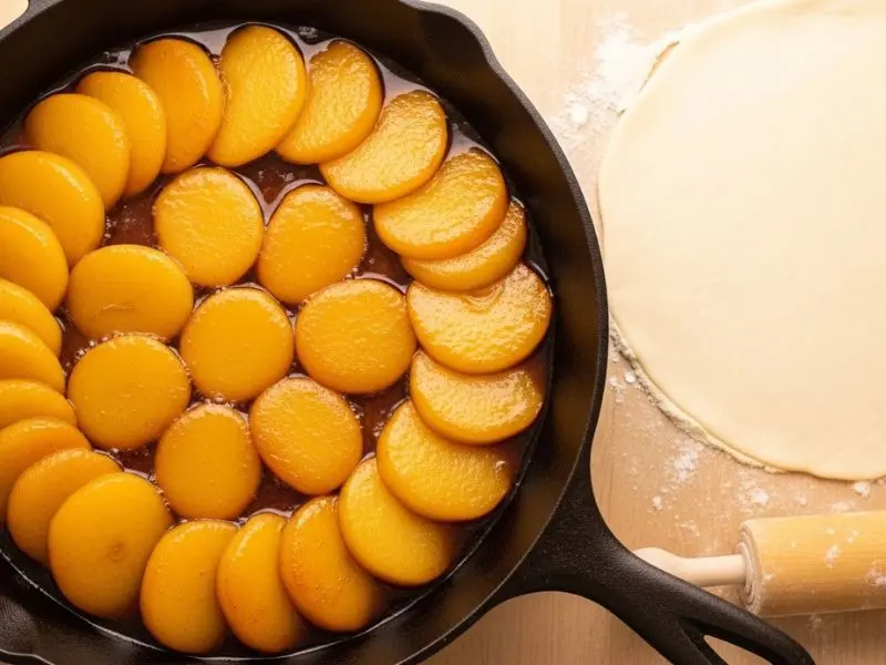 "Vista superior da frigideira de ferro com quartos de maçã dourados e levemente translúcidos em caramelo âmbar intenso dispostos em círculos concêntricos com massa folhada aberta ao lado para tarte tatin receita" 