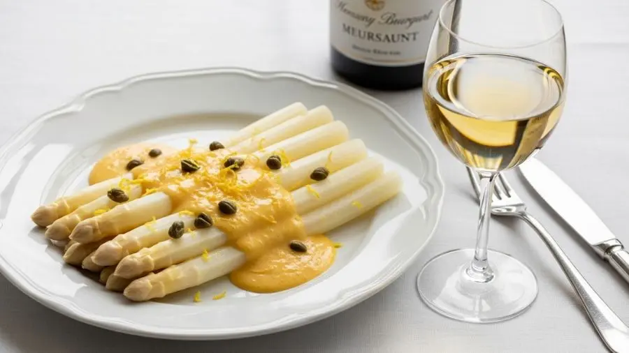 aspargos brancos com manteiga noisette alcaparras harmonizados com Meursault Borgonha branco 