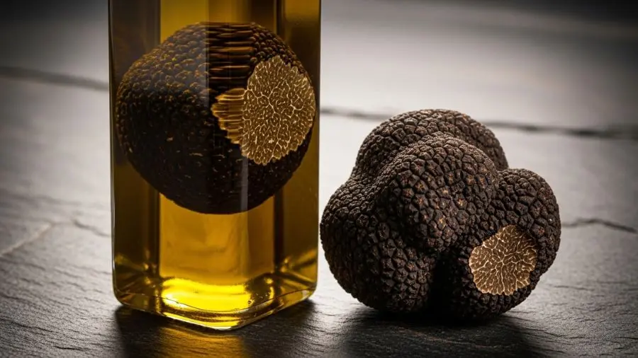 azeite com trufa negra real e trufa fresca ao lado.
