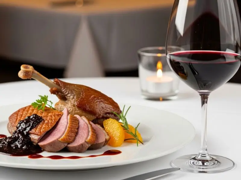 canard à l'orange emplatado com Pinot Noir da Borgonha em jantar fine dining 