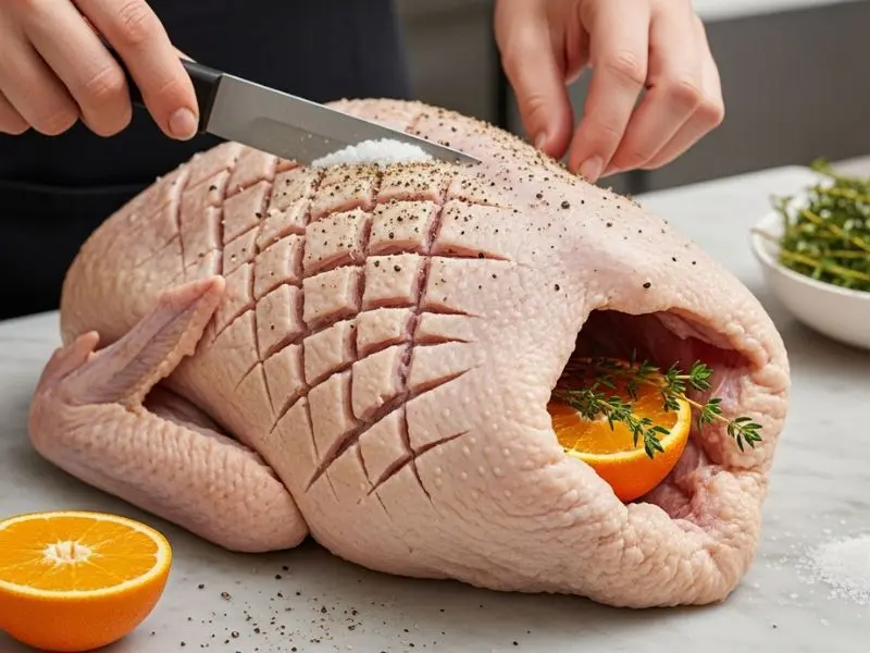 canard à l'orange pato inteiro sendo preparado com cortes na pele e recheio de laranja