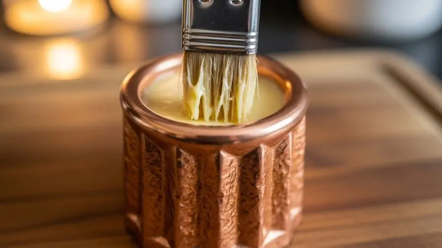 canelé de Bordeaux fôrma de cobre — aplicação de cera de abelha com pincel para casca crocante